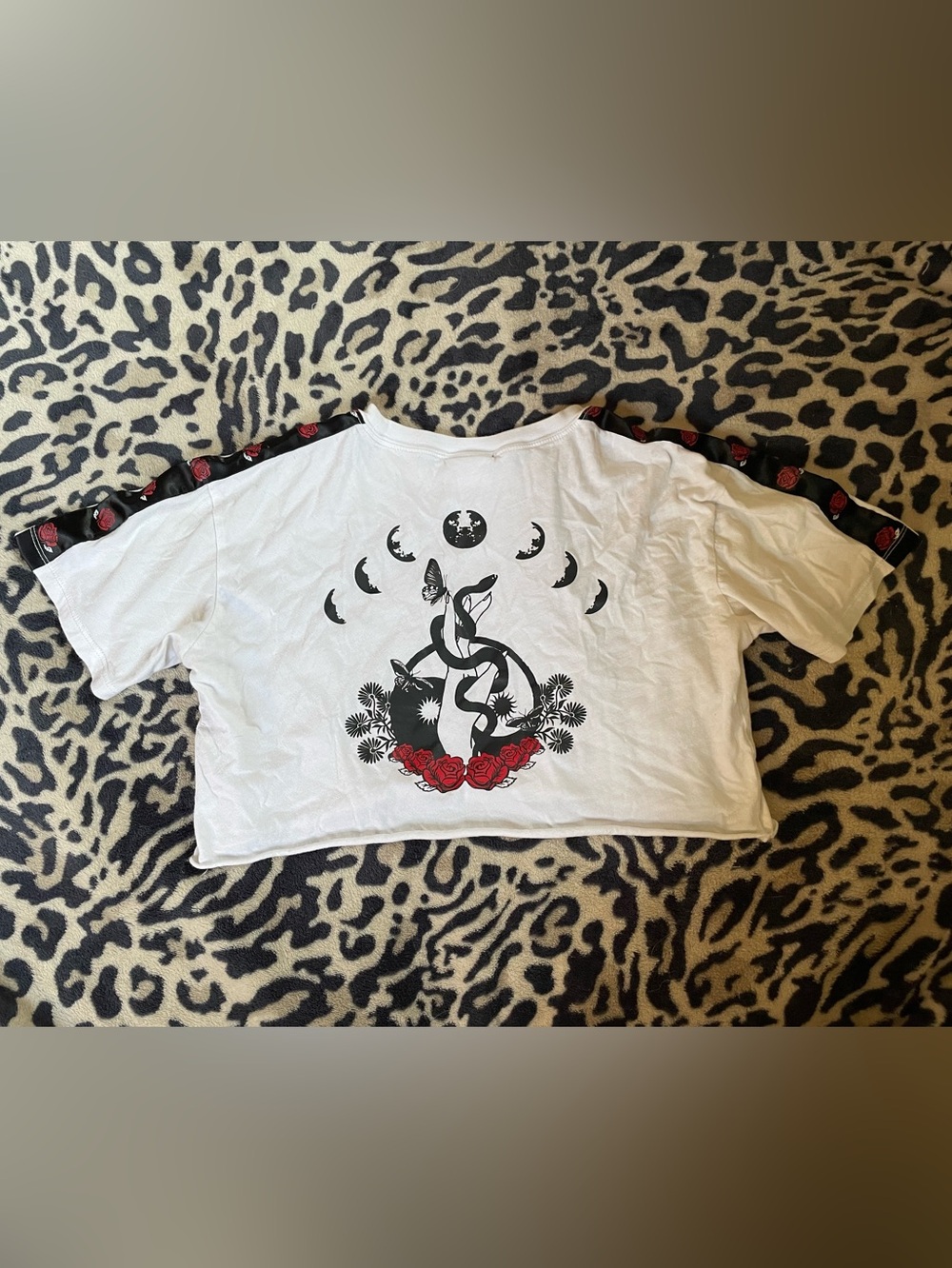 Cutie graphic white crop top with moon, roses, butterfly & black snake design